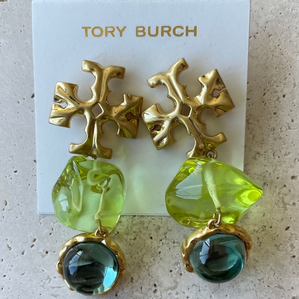 Tory Burch Gold Logo Drop Earrings with Lime Green and Teal Glass